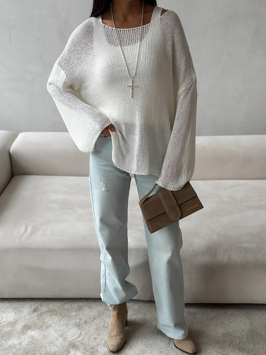 Women's Spring Summer Solid Color Knit Sweater – Loose Fit Long Sleeve Pullover with Hollow-Out and Draped Hem