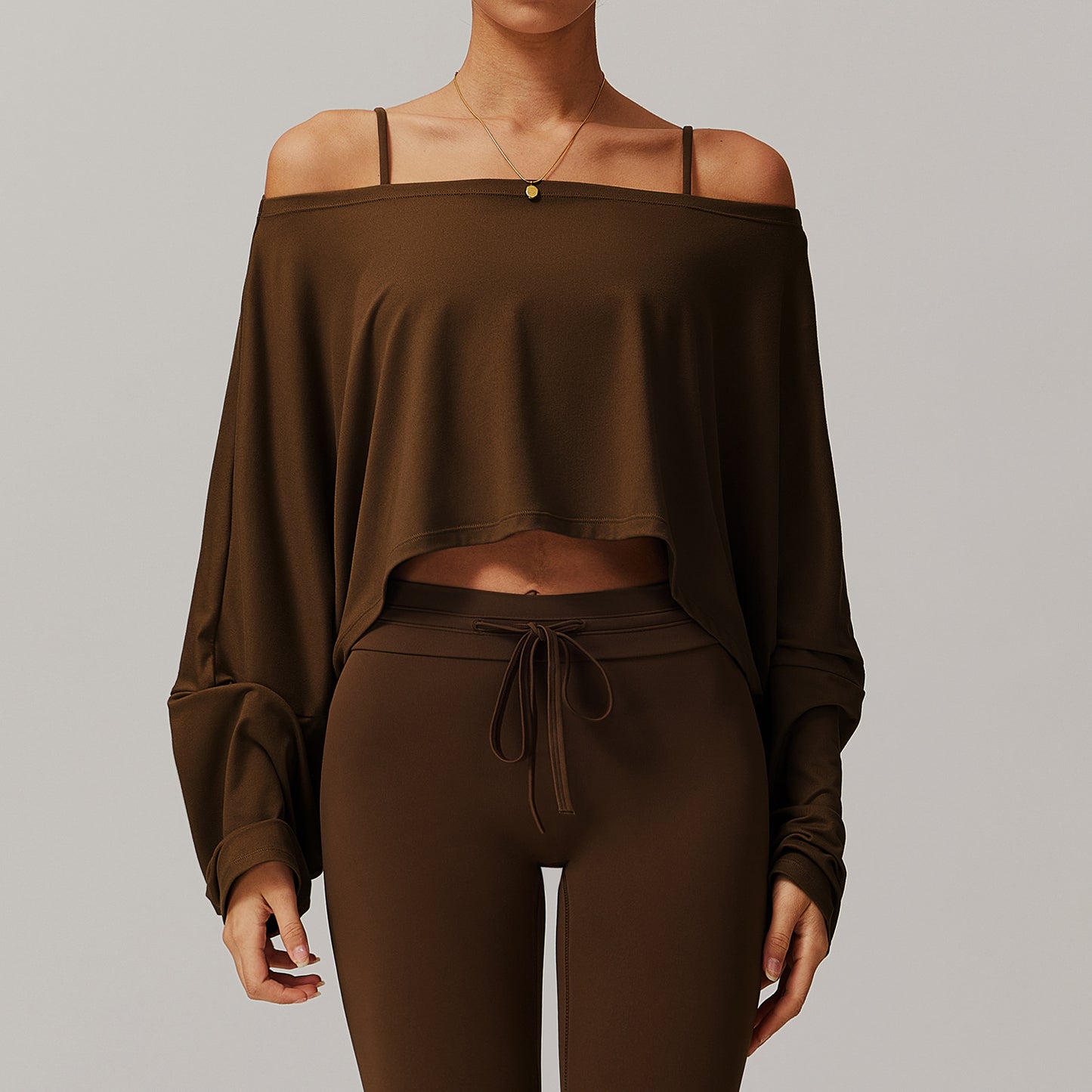 Women's Off-Shoulder Batwing Sleeve Fitness Top – Summer Long Sleeve Yoga Pullover