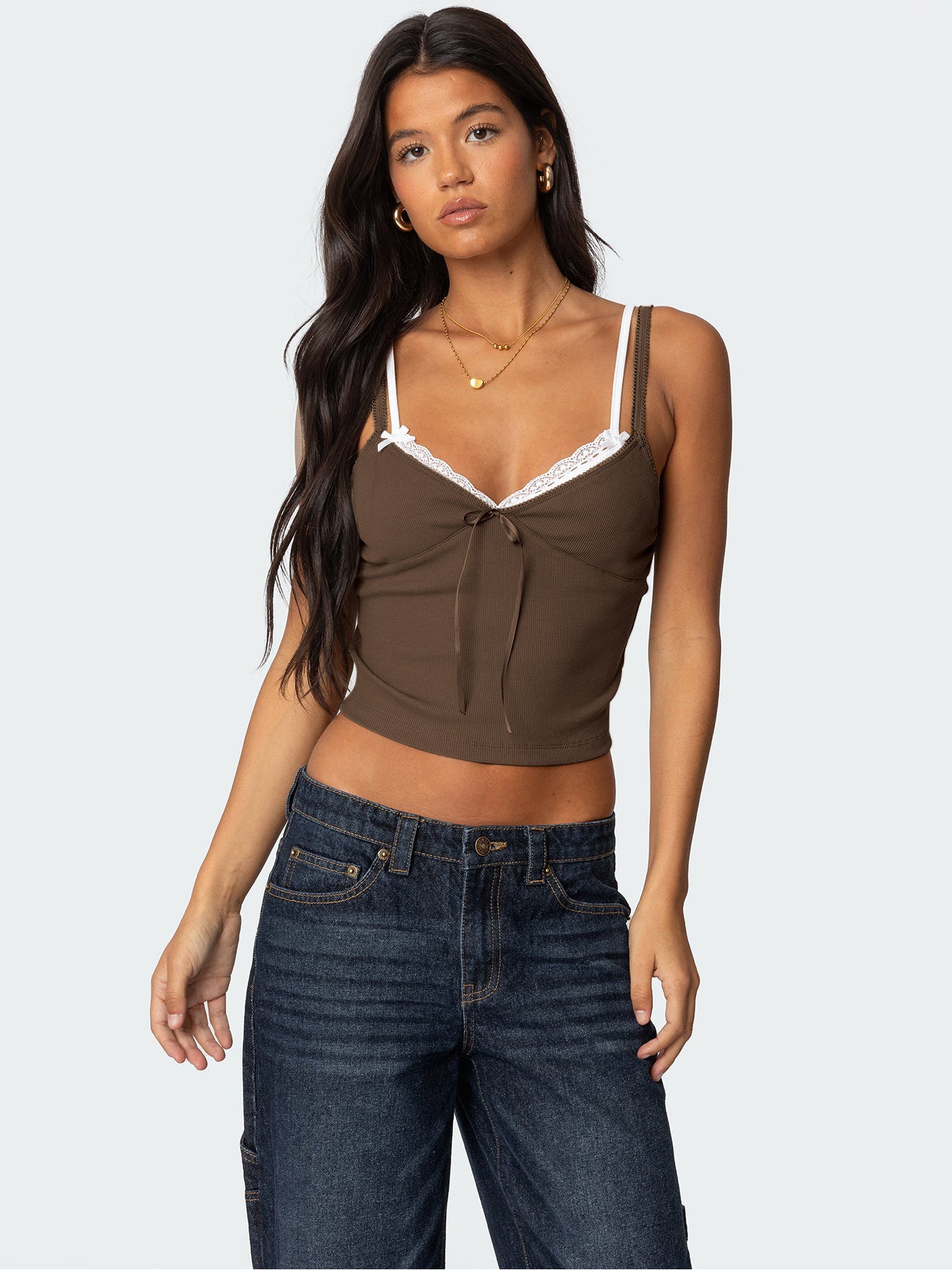 Women's Spring Summer Fashion Contrast Lace Patchwork Double-Strap Camisole with Bow – Slim Fit Faux Two-Piece Top