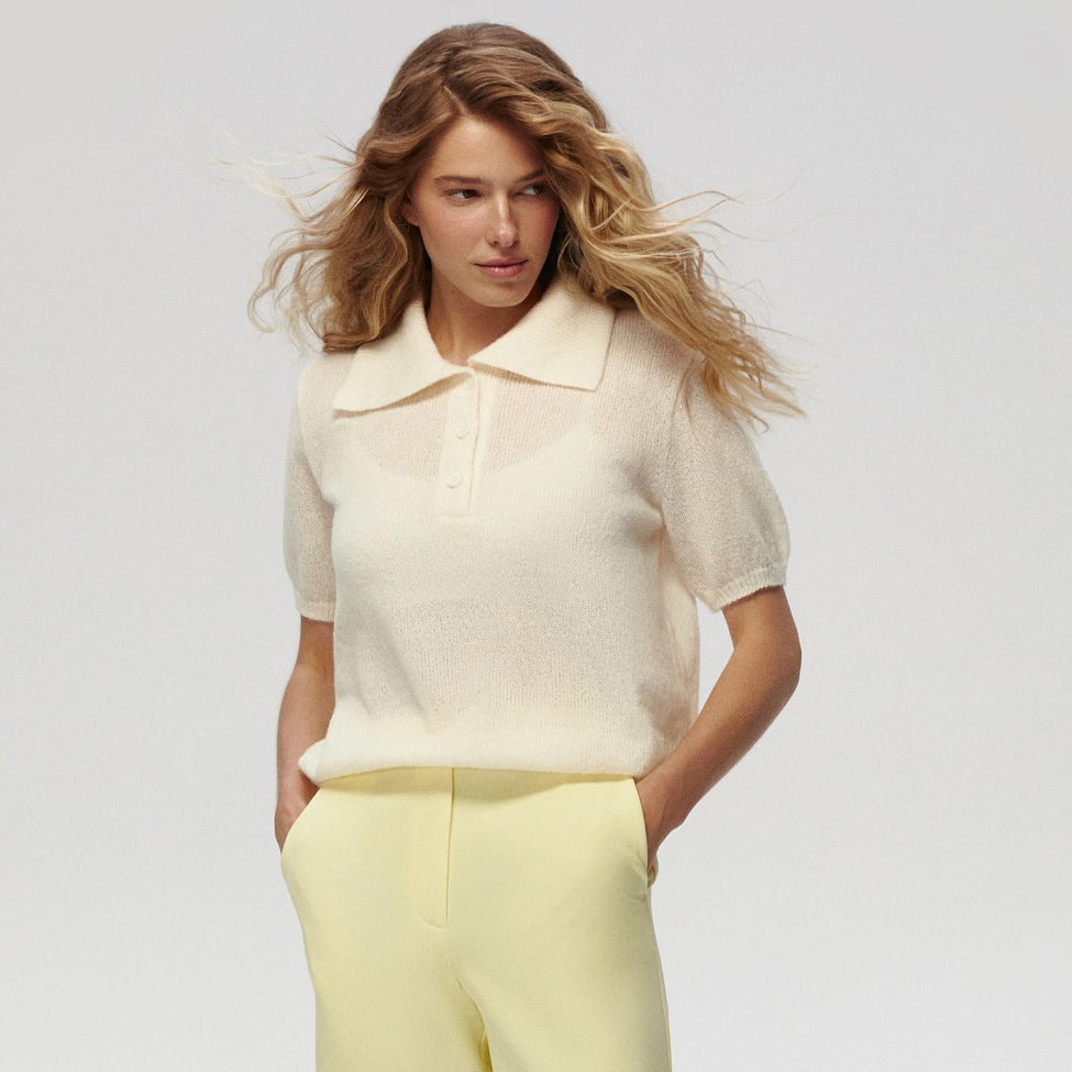 Women’s Spring Summer Mohair Knit T-Shirt Sweater – Short Puff Sleeve Polo Collar Lightweight Top