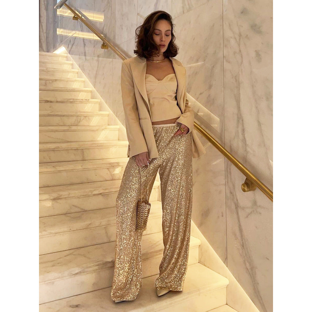 Sparkle Sequin Long Loose and High Waist Long Pants