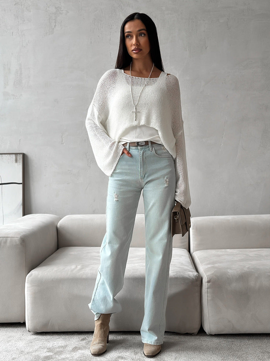 Women's Spring Summer Solid Color Knit Sweater – Loose Fit Long Sleeve Pullover with Hollow-Out and Draped Hem