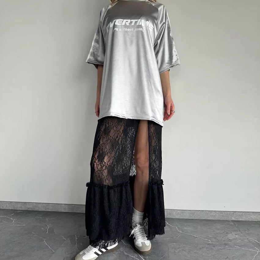 Women's Sexy Black Lace Hollow Out See-Through Camisole Long Dress