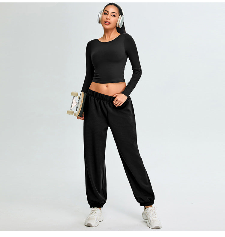 Women's long-sleeved open-back fitness T-shirt