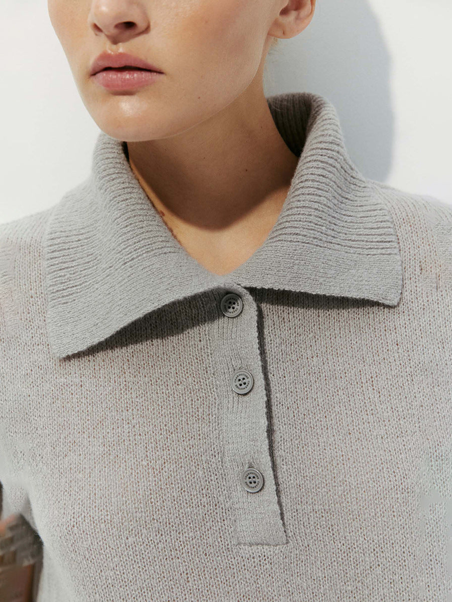 Women’s Spring Summer Mohair Knit T-Shirt Sweater – Short Puff Sleeve Polo Collar Lightweight Top