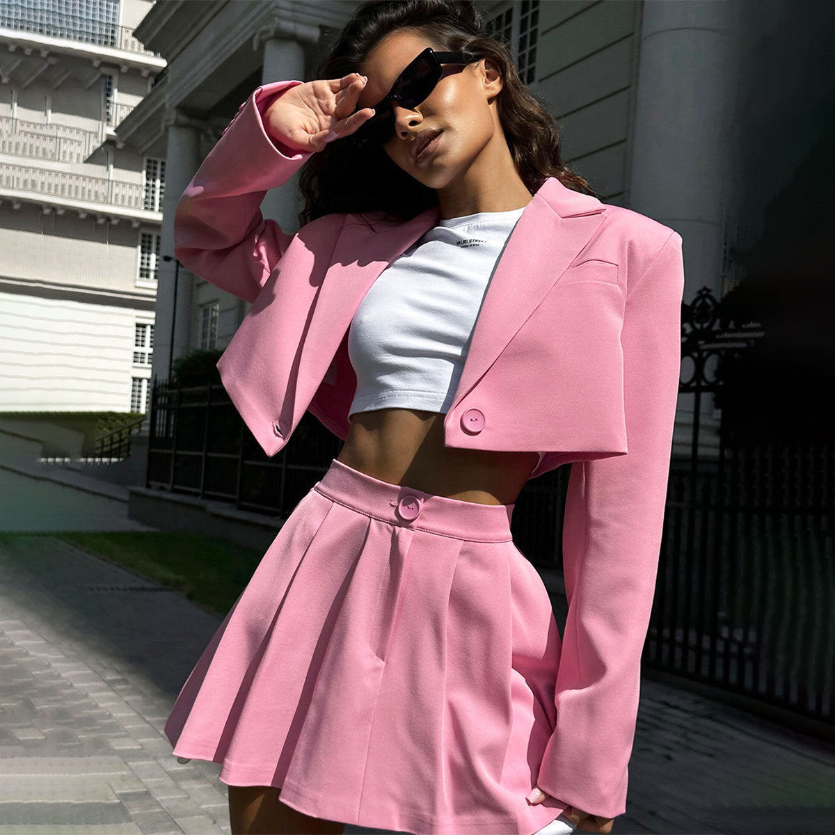 Fashion Sexy Blazer Mini Skirt Set, Shoulder Pad Blazer + Ultra-Short Pleated Skirt
