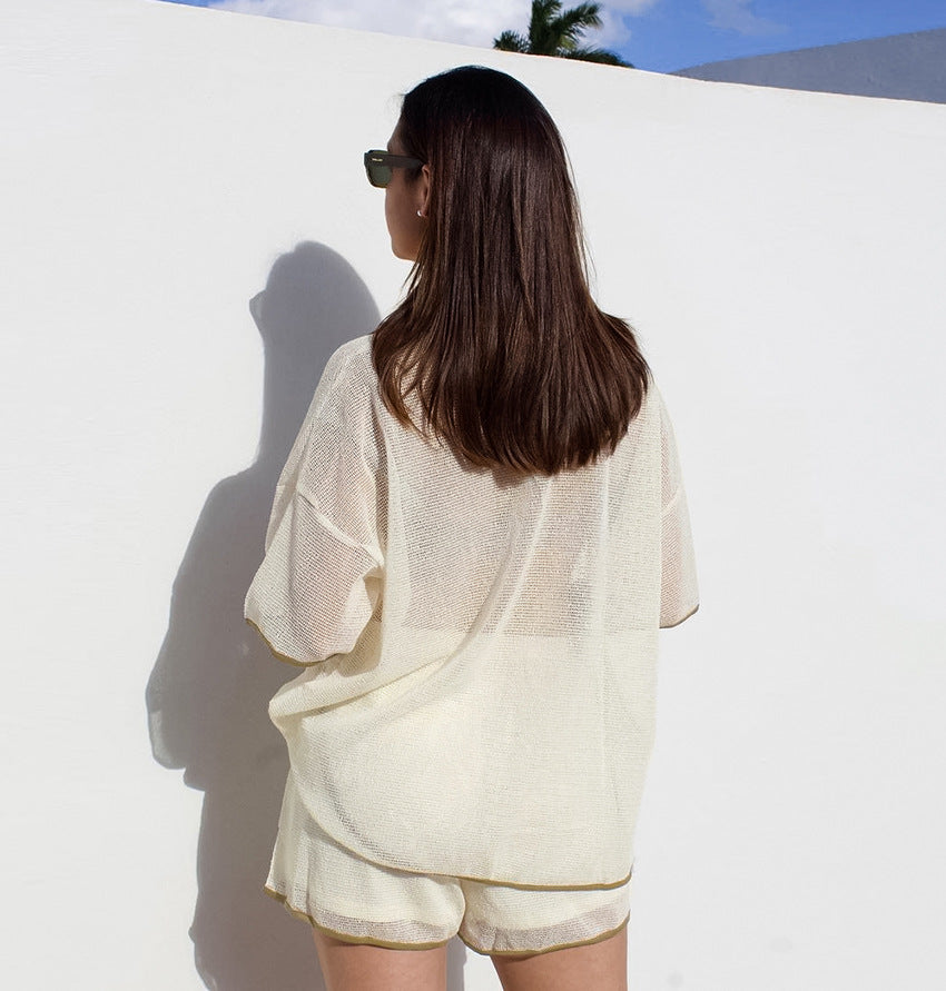 Summer Women's Sexy Sheer Color Block Short Sleeve Shorts Set