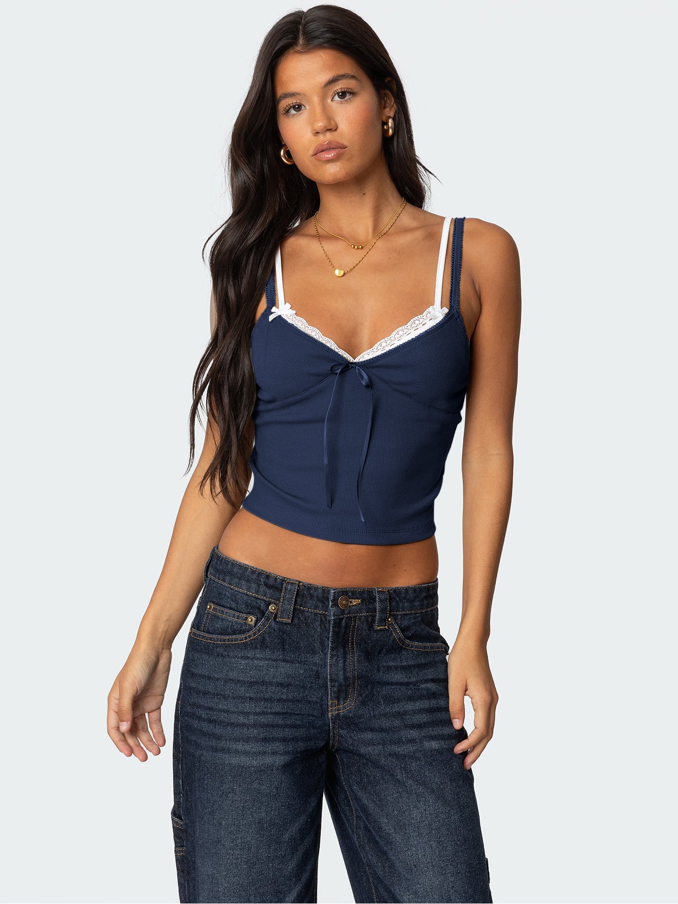 Women's Spring Summer Fashion Contrast Lace Patchwork Double-Strap Camisole with Bow – Slim Fit Faux Two-Piece Top