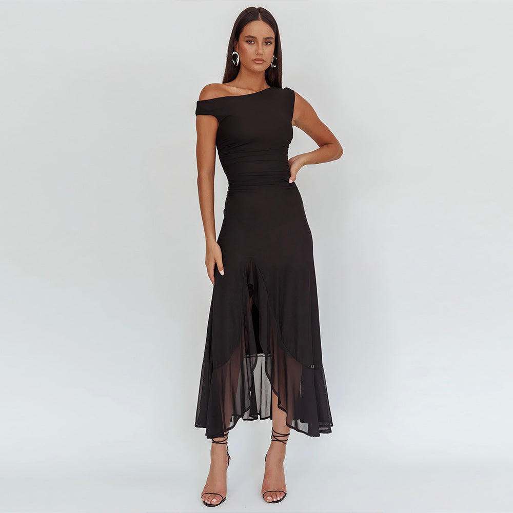Summer Women's Solid Color Asymmetrical Neck Ruffled Split Waist Slim Dress