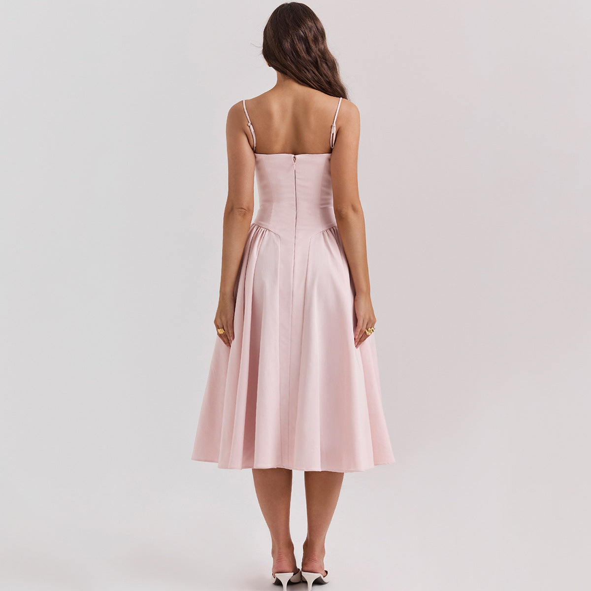 Summer Sexy V-Neck Spaghetti Strap Midi Dress with Waist-Cinching Backless Design