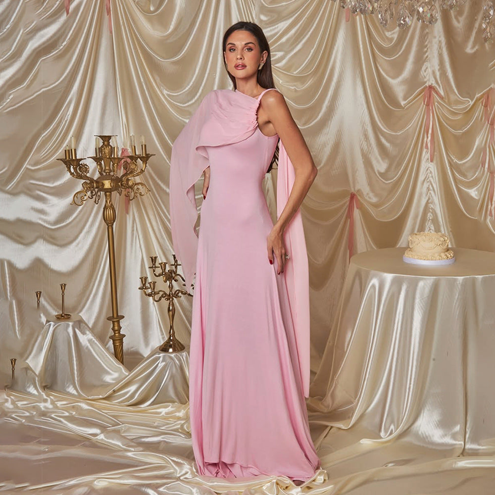 Women's Solid Color Puff Sleeve Pleated Maxi Dress with Asymmetrical Square Neck and Flowing Tie Detail