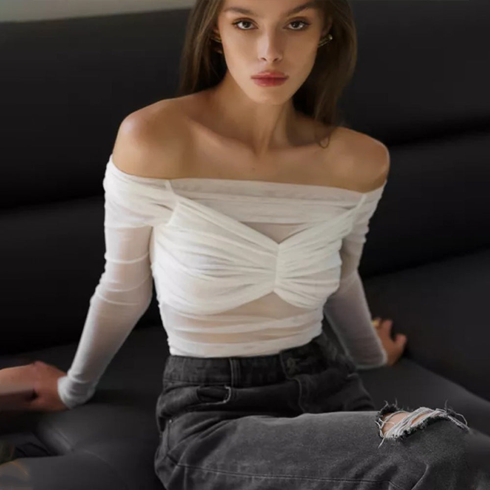 Summer Women's Fashion Off-Shoulder Sheer Mesh Ruched Top
