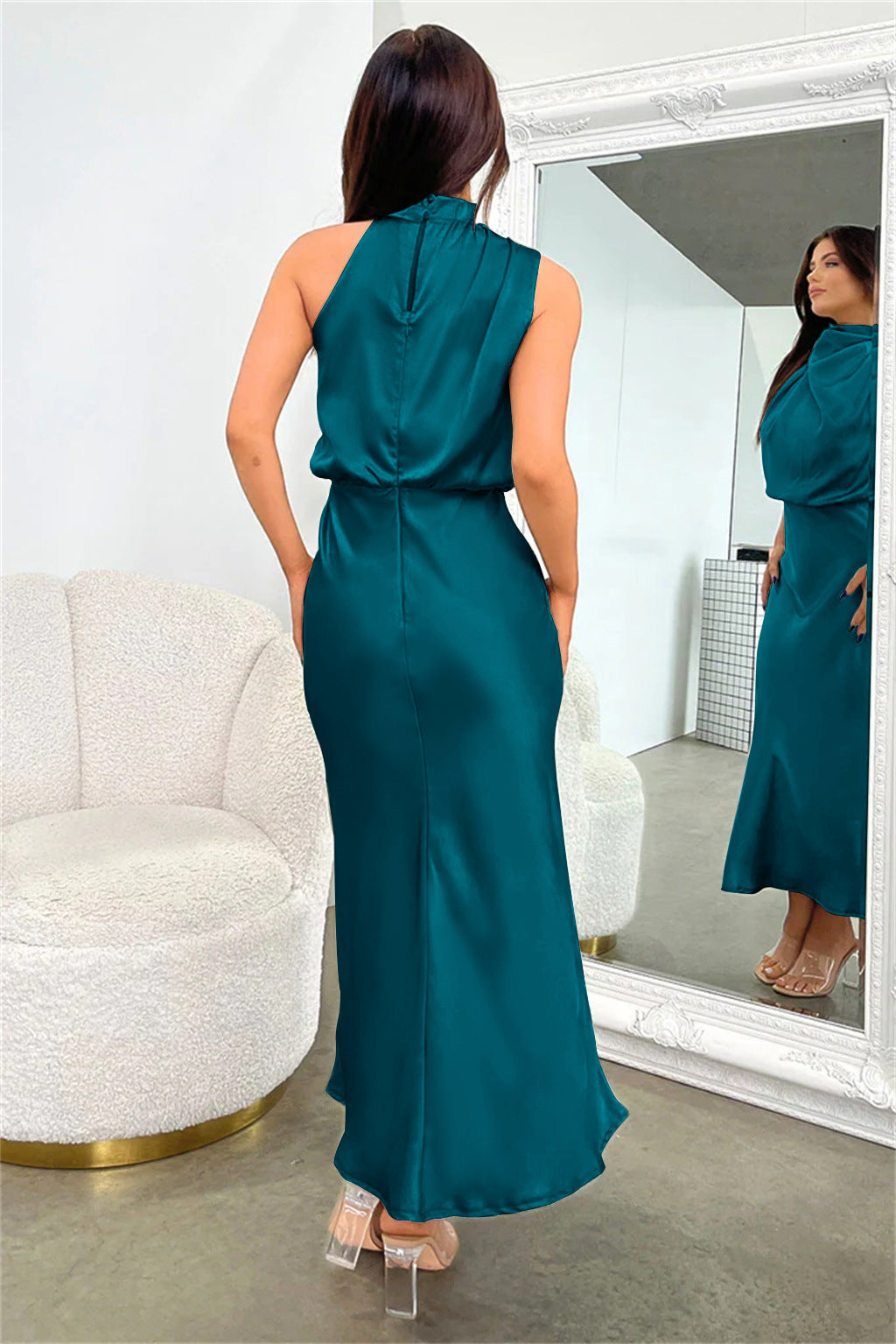 Women's Sleeveless Cocktail Dresses Mock Neck Keyhole Elastic High Waist Wedding Guest Evening Party Maxi Dress