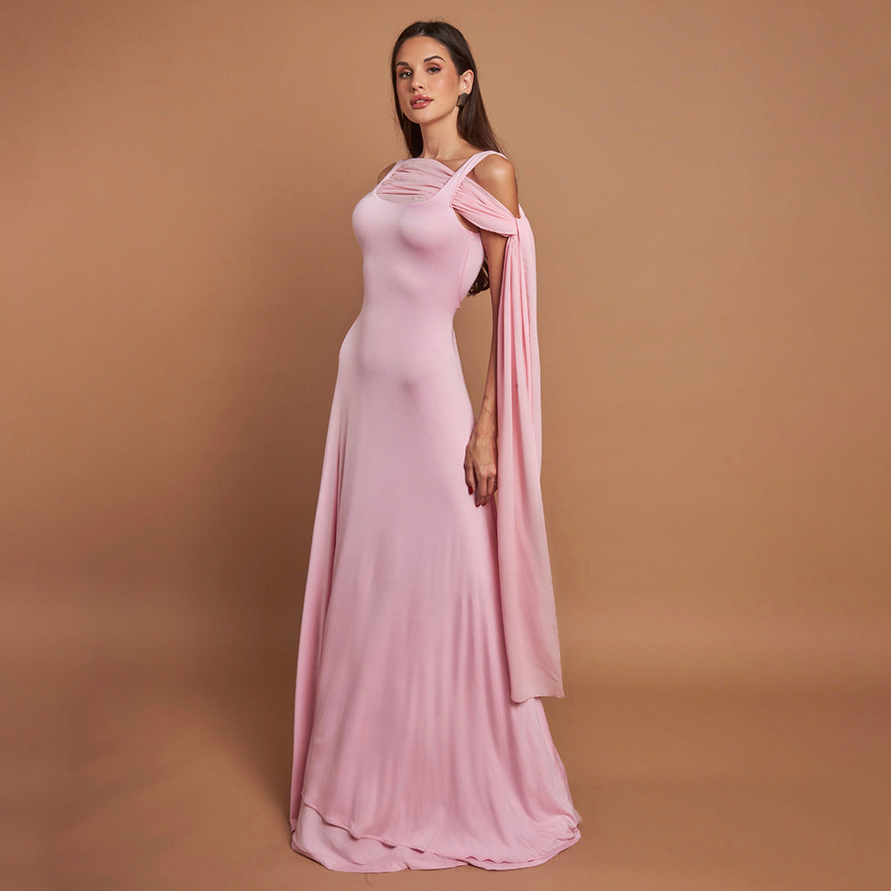 Women's Solid Color Puff Sleeve Pleated Maxi Dress with Asymmetrical Square Neck and Flowing Tie Detail