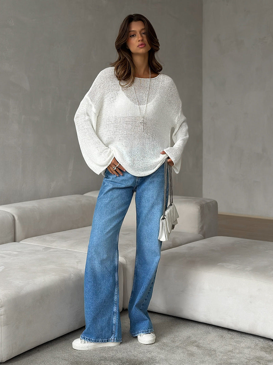 Women's Spring Summer Solid Color Knit Sweater – Loose Fit Long Sleeve Pullover with Hollow-Out and Draped Hem