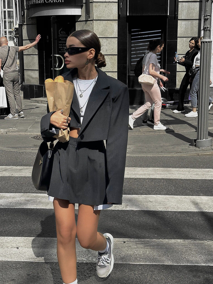 Fashion Sexy Blazer Mini Skirt Set, Shoulder Pad Blazer + Ultra-Short Pleated Skirt