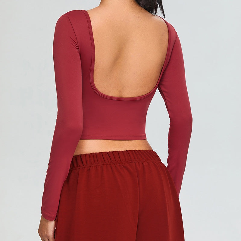 Women's long-sleeved open-back fitness T-shirt