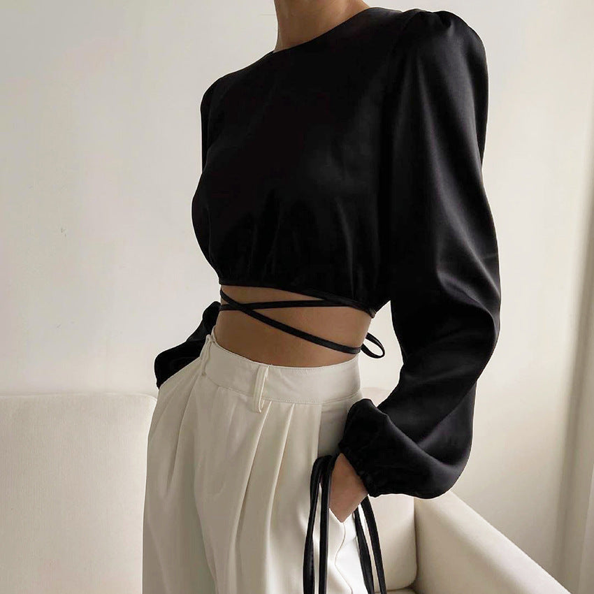 Satin Cropped Long Sleeve Top