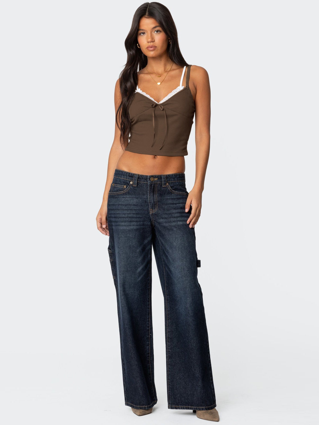 Women's Spring Summer Fashion Contrast Lace Patchwork Double-Strap Camisole with Bow – Slim Fit Faux Two-Piece Top