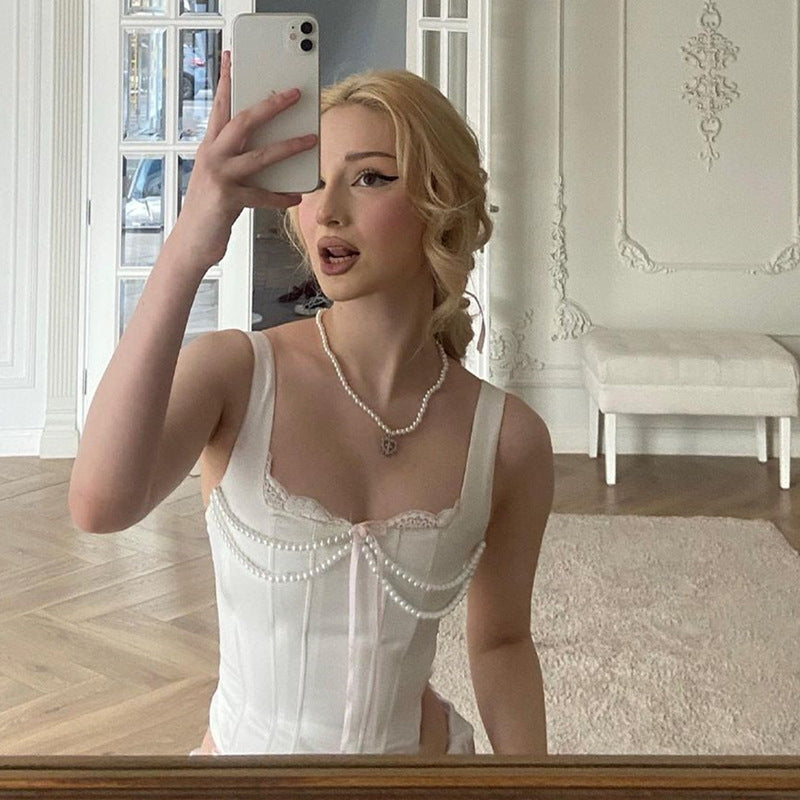 Women's Sexy French Pearl Chain Bow Lace Spliced Camisole