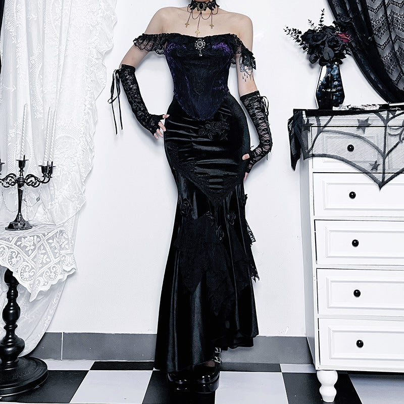 Women's Gothic Bodycon Mermaid Skirt and Lace Strap Set