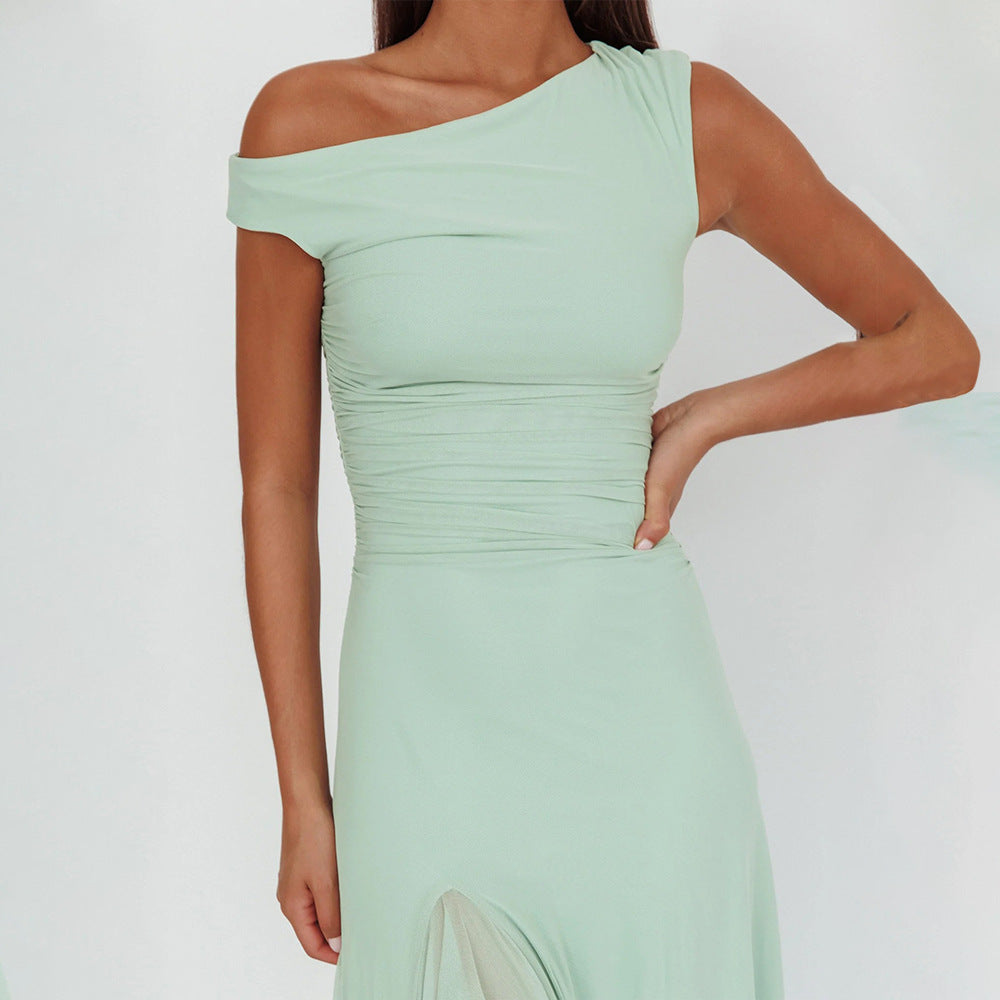 Summer Women's Solid Color Asymmetrical Neck Ruffled Split Waist Slim Dress