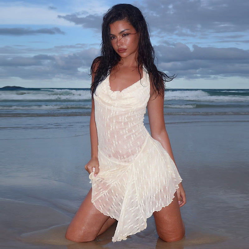 Women’s Summer Sexy Y2K Sheer Lace Halter Backless Dress with V-Neck and Pleated Irregular Hem