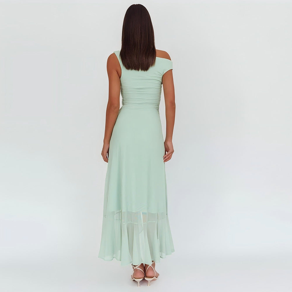 Summer Women's Solid Color Asymmetrical Neck Ruffled Split Waist Slim Dress