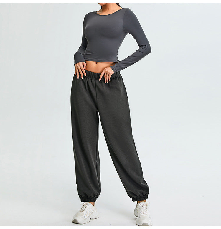 Women's long-sleeved open-back fitness T-shirt