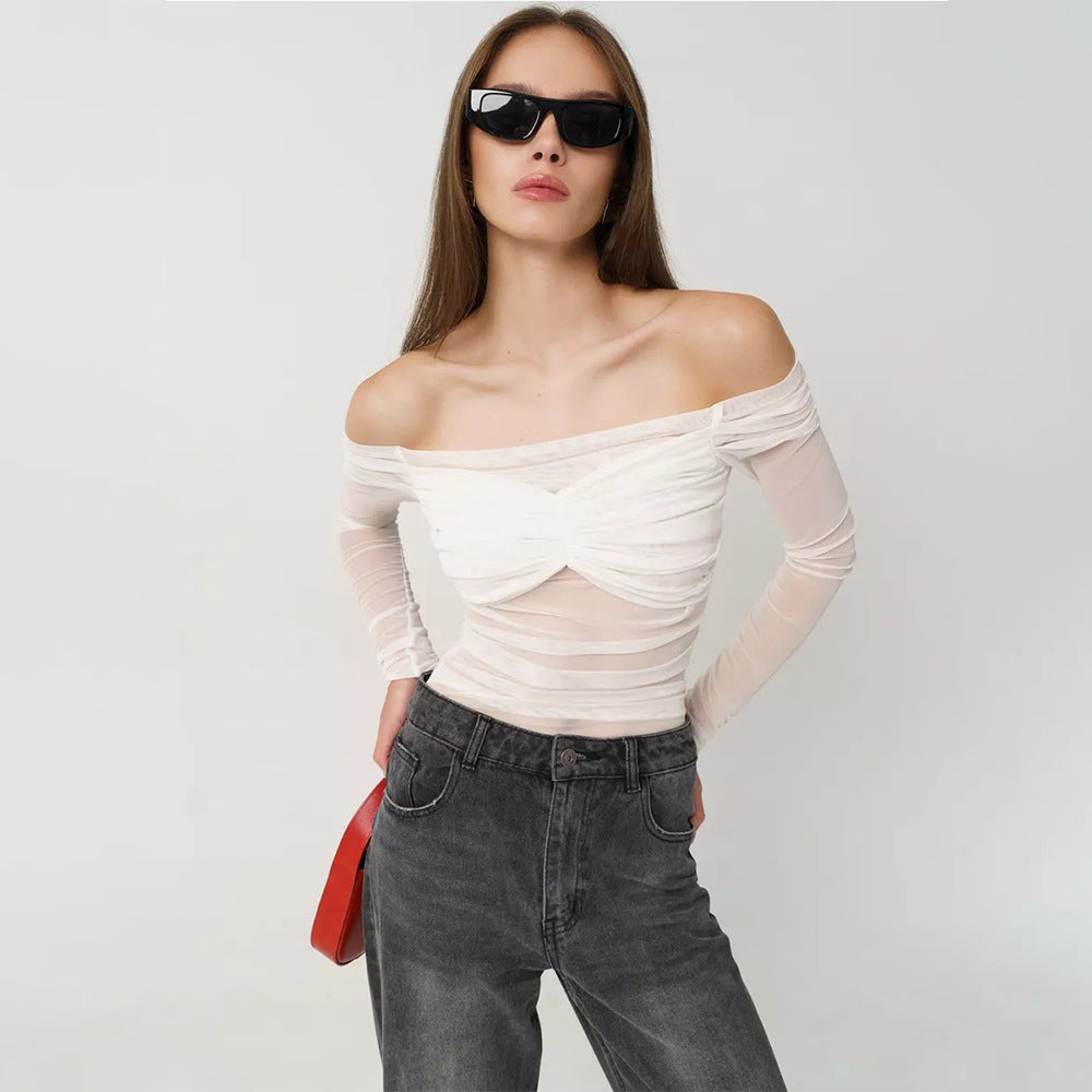 Summer Women's Fashion Off-Shoulder Sheer Mesh Ruched Top