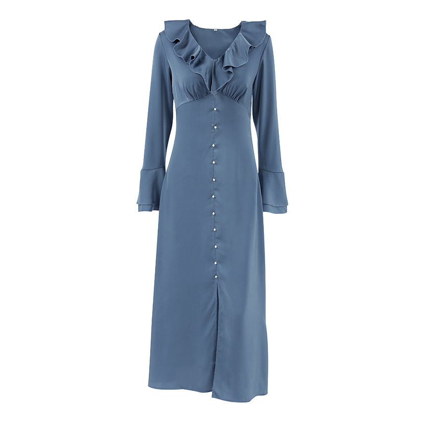 Women's French Satin V-neck Flare Sleeve High-waist Ruffle Dress