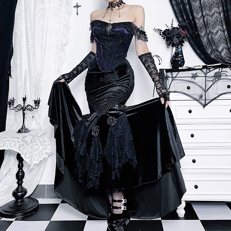 Women's Gothic Bodycon Mermaid Skirt and Lace Strap Set