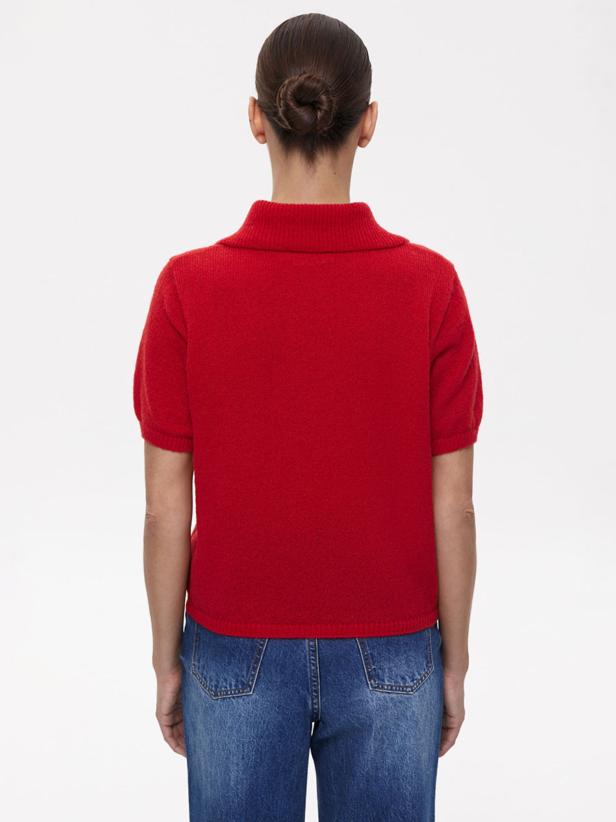 Women’s Spring Summer Mohair Knit T-Shirt Sweater – Short Puff Sleeve Polo Collar Lightweight Top
