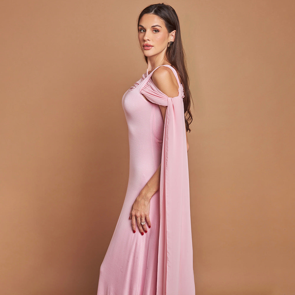Women's Solid Color Puff Sleeve Pleated Maxi Dress with Asymmetrical Square Neck and Flowing Tie Detail