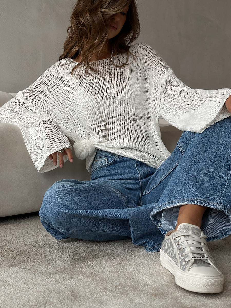 Women's Spring Summer Solid Color Knit Sweater – Loose Fit Long Sleeve Pullover with Hollow-Out and Draped Hem