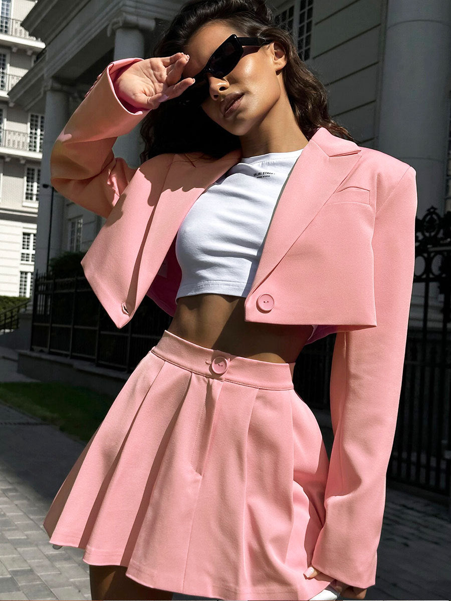 Fashion Sexy Blazer Mini Skirt Set, Shoulder Pad Blazer + Ultra-Short Pleated Skirt