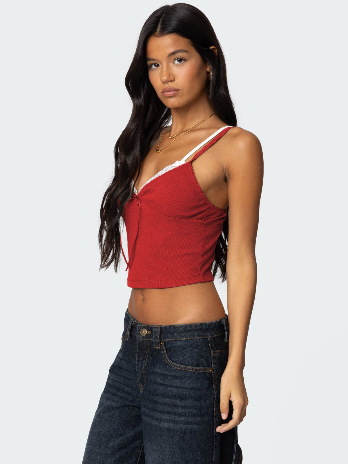 Women's Spring Summer Fashion Contrast Lace Patchwork Double-Strap Camisole with Bow – Slim Fit Faux Two-Piece Top