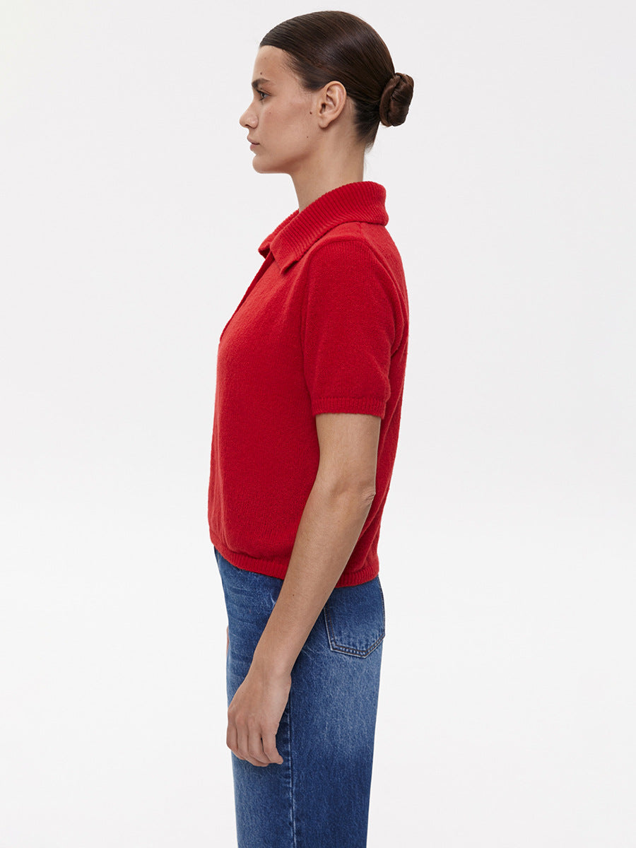 Women’s Spring Summer Mohair Knit T-Shirt Sweater – Short Puff Sleeve Polo Collar Lightweight Top