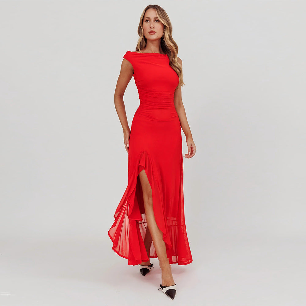 Summer Women's Solid Color Asymmetrical Neck Ruffled Split Waist Slim Dress