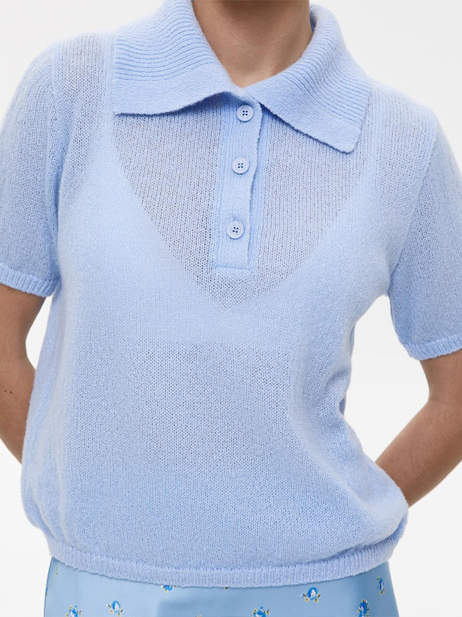 Women’s Spring Summer Mohair Knit T-Shirt Sweater – Short Puff Sleeve Polo Collar Lightweight Top