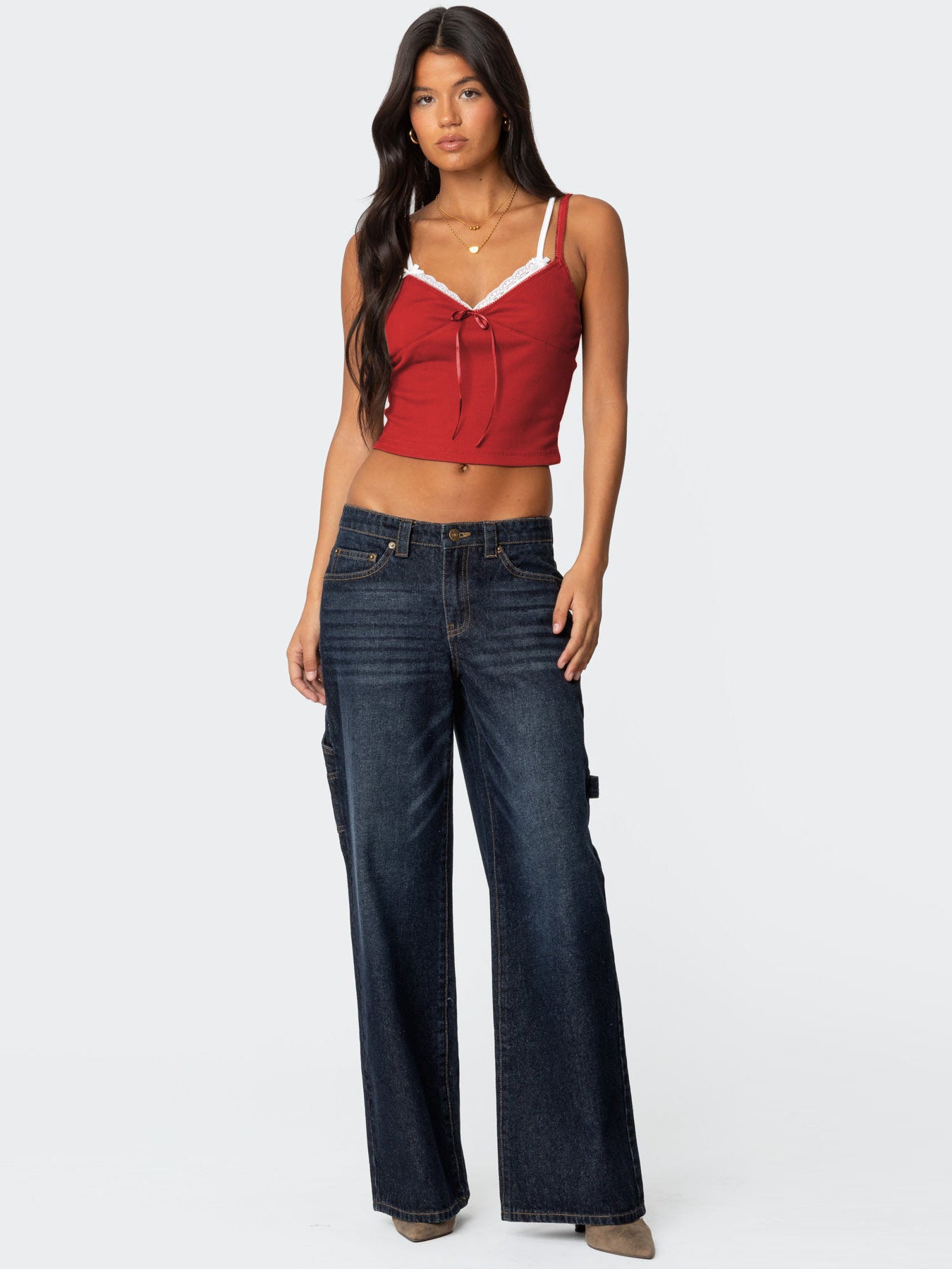 Women's Spring Summer Fashion Contrast Lace Patchwork Double-Strap Camisole with Bow – Slim Fit Faux Two-Piece Top
