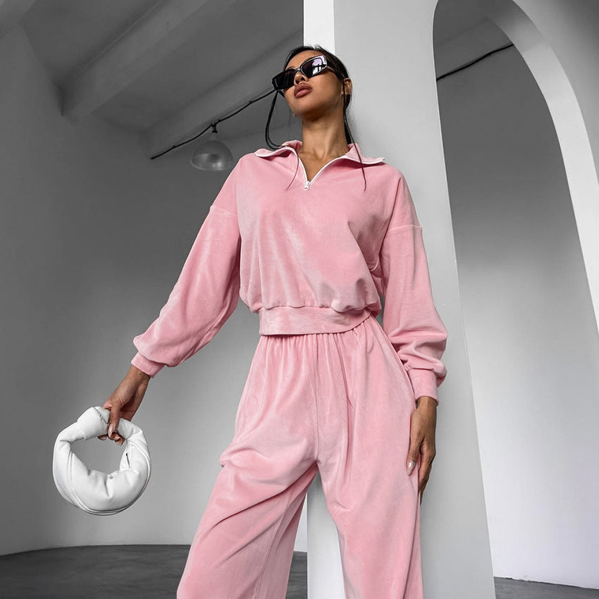 Women's Pink Velvet Knit High-Waisted Pencil Pants Sports Casual Set