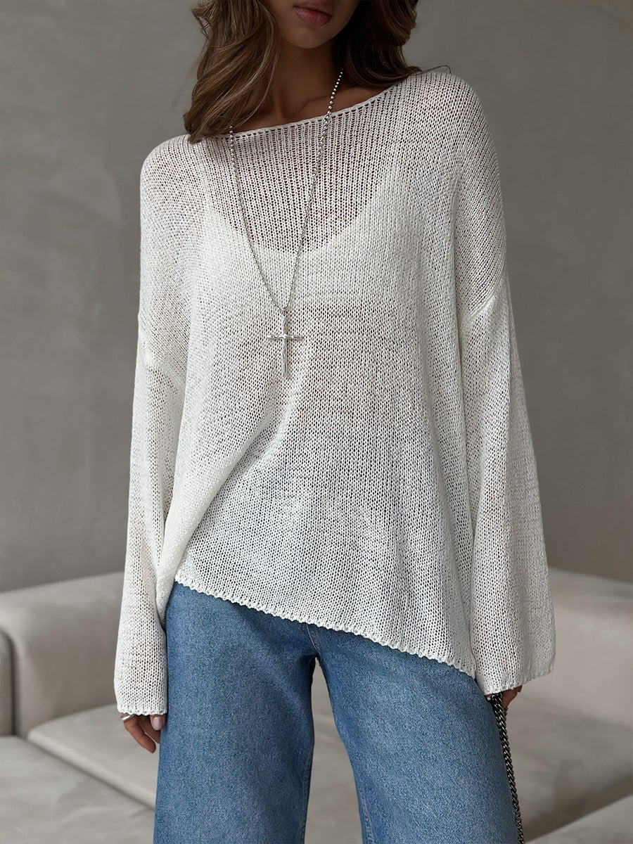 Women's Spring Summer Solid Color Knit Sweater – Loose Fit Long Sleeve Pullover with Hollow-Out and Draped Hem