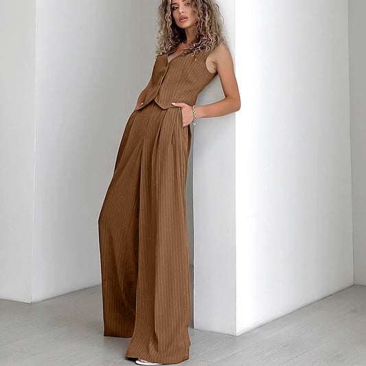 Chic and Comfortable Two-Piece Set: V-Neck Sleeveless Vest and Wide Leg Pants with Belt for Women