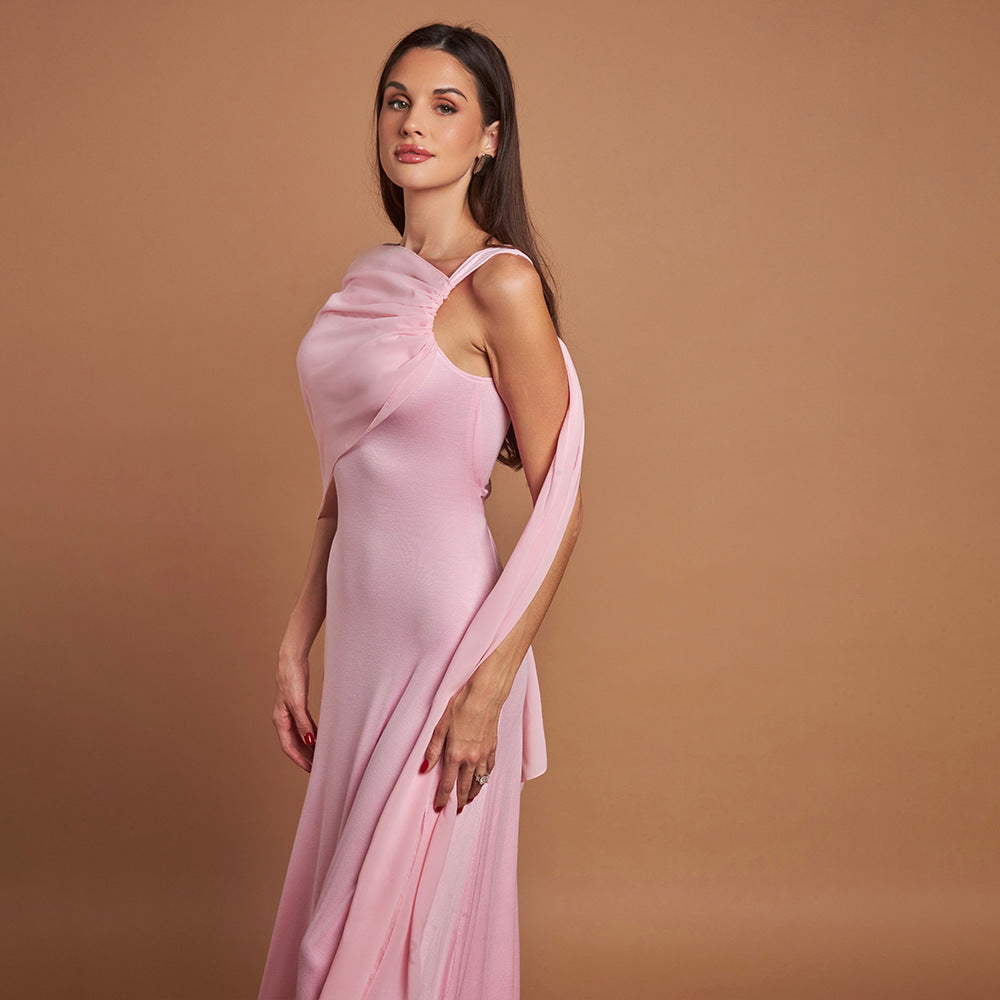 Women's Solid Color Puff Sleeve Pleated Maxi Dress with Asymmetrical Square Neck and Flowing Tie Detail