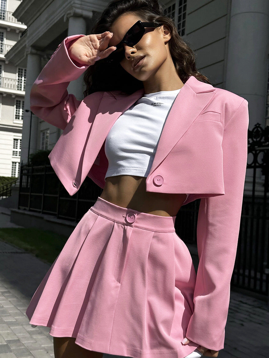 Fashion Sexy Blazer Mini Skirt Set, Shoulder Pad Blazer + Ultra-Short Pleated Skirt