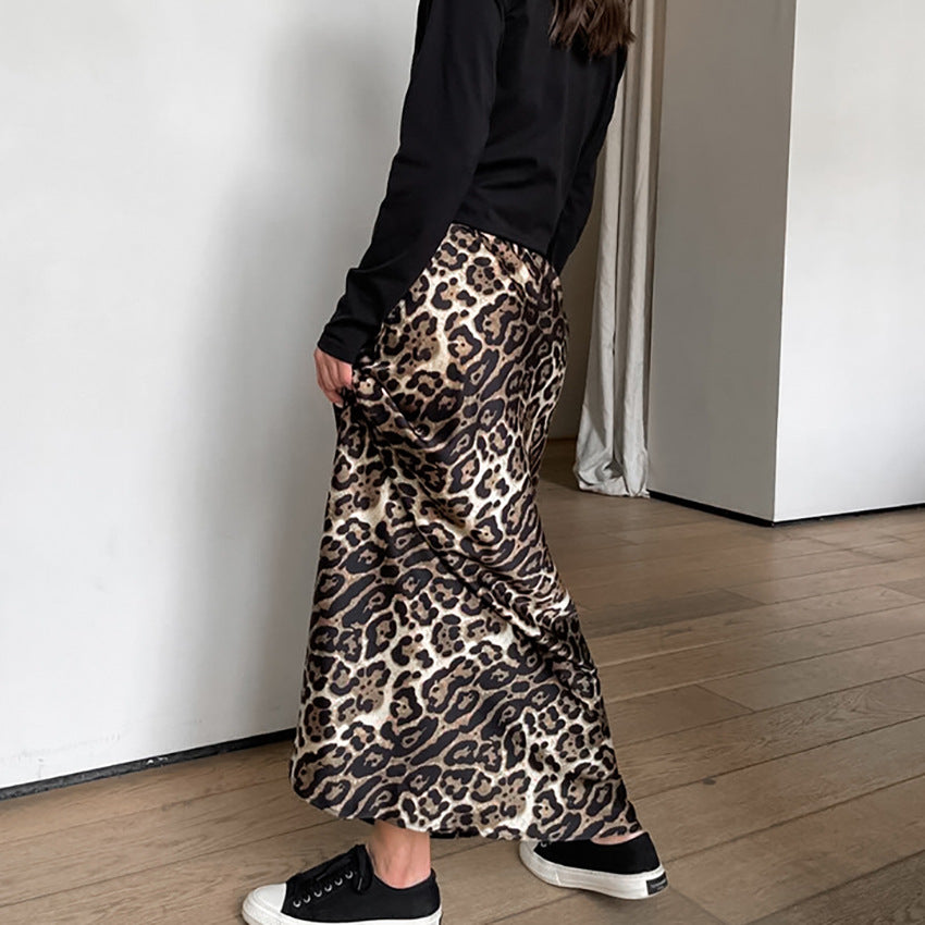 Women's Vintage Satin Sexy Leopard Print Casual Midi Skirt