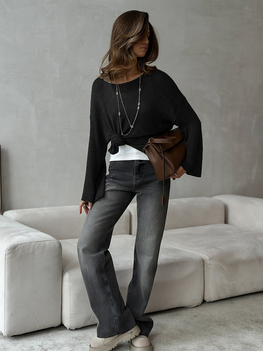 Women's Spring Summer Solid Color Knit Sweater – Loose Fit Long Sleeve Pullover with Hollow-Out and Draped Hem