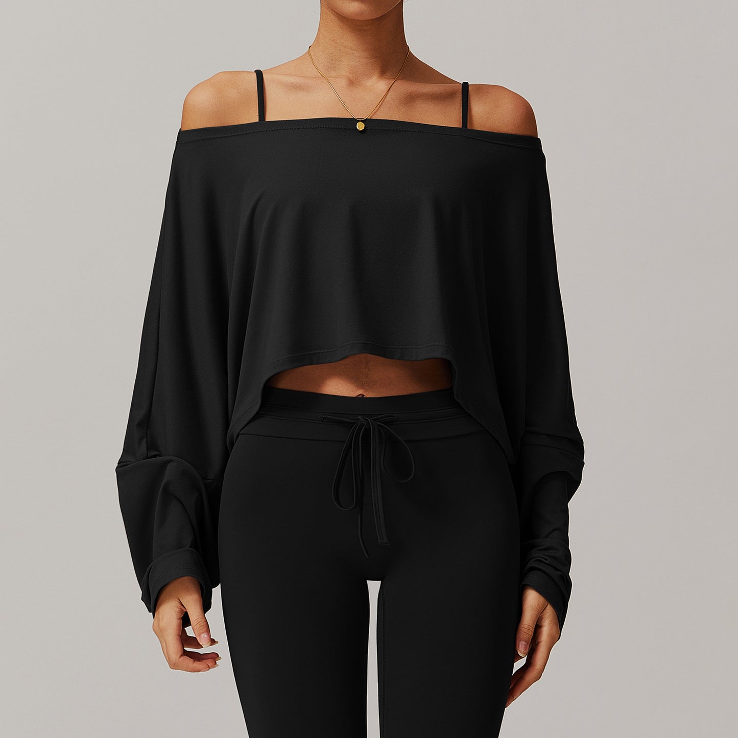 Women's Off-Shoulder Batwing Sleeve Fitness Top – Summer Long Sleeve Yoga Pullover