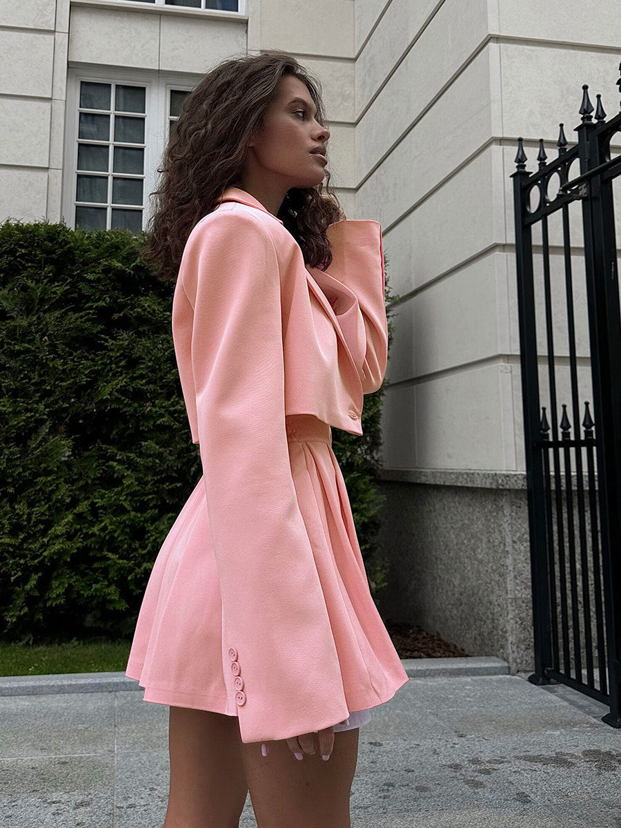 Fashion Sexy Blazer Mini Skirt Set, Shoulder Pad Blazer + Ultra-Short Pleated Skirt